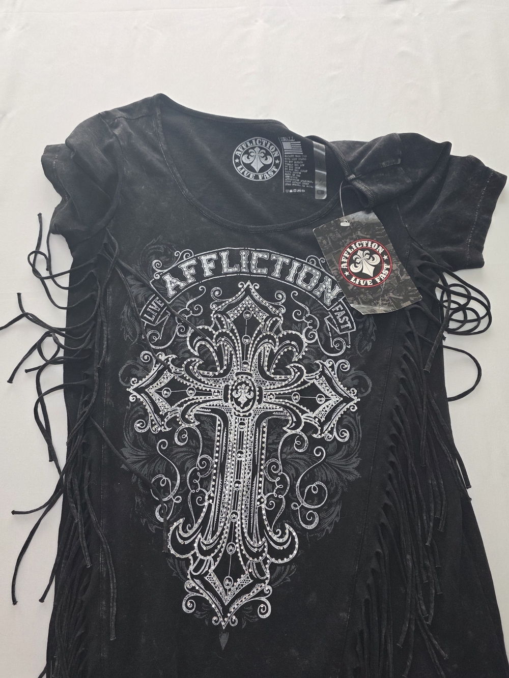Affliction Women’s Black Graphic Fringe Tee